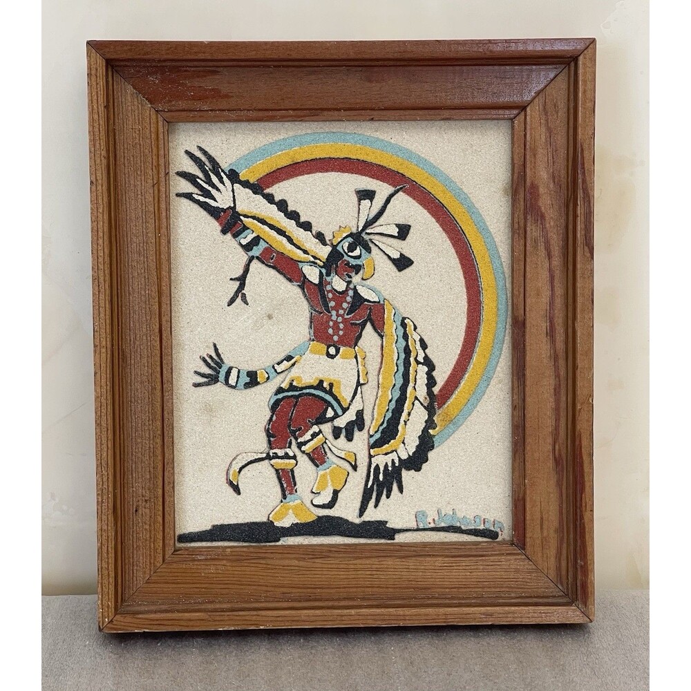 Vintage Southwestern Sand Art Painting Eagle Dance R Johnson Framed Rainbow Way